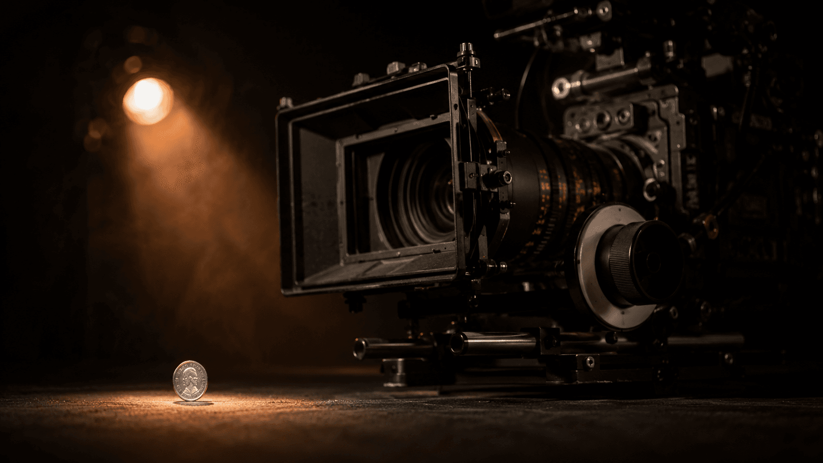 عملة معدنية صغيرة واقفة على حافتها أمام كاميرا سينمائية ضخمة — الفرق في الحجم بين تكلفة الإعلان وتكلفة الفيديو